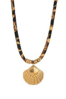 Necklace with shell pendant and tortoiseshell pattern on a white background