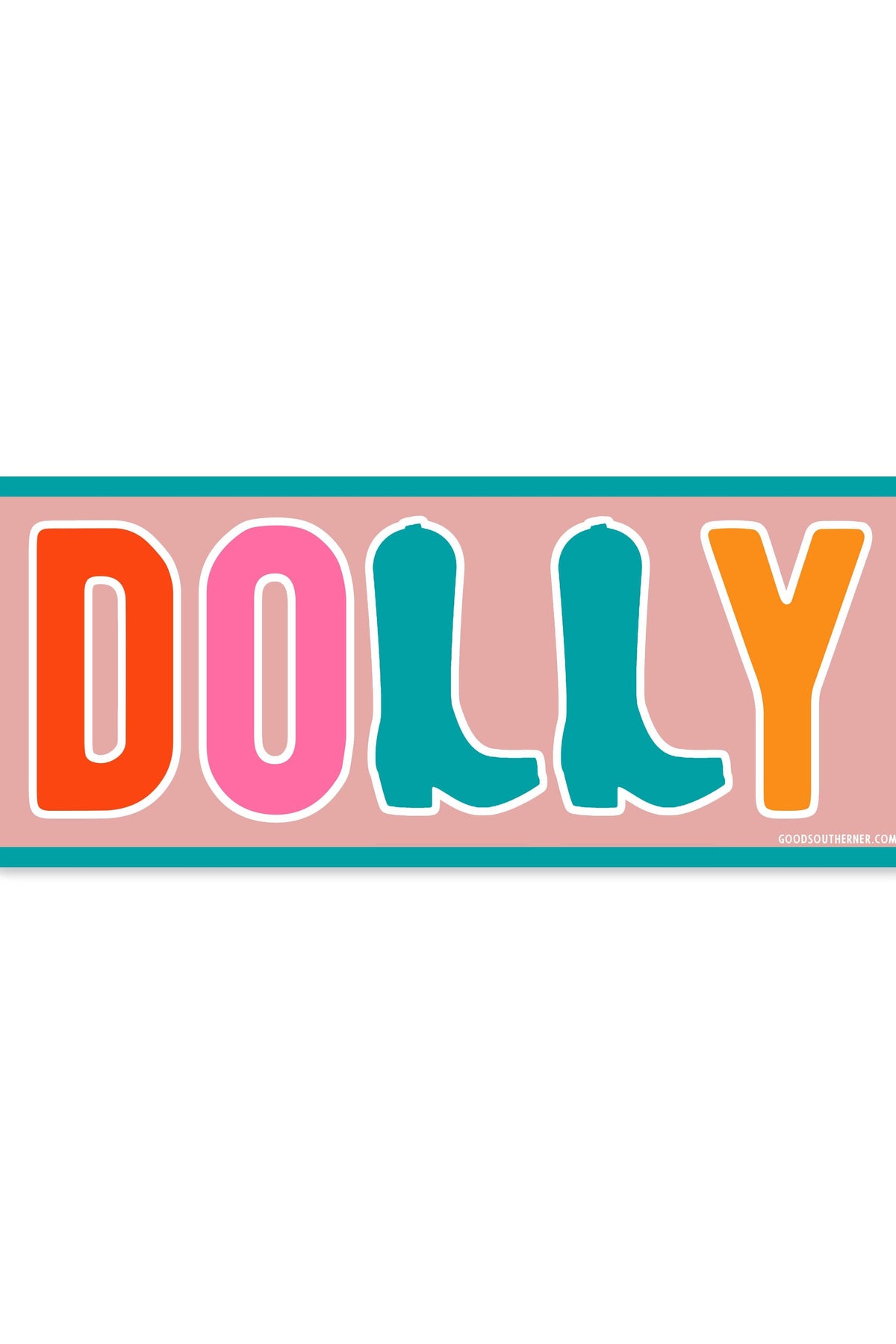 A rectangular sticker or sign with the word "DOLLY" in colorful block letters on a pale pink background, outlined with a teal border, shown on a plain white background.
