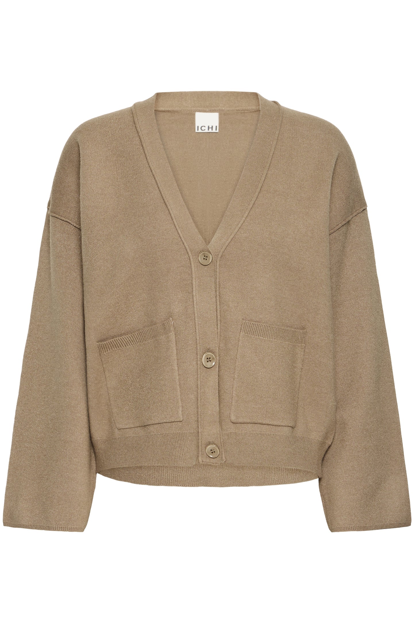 Beige cardigan with button details on a white background
