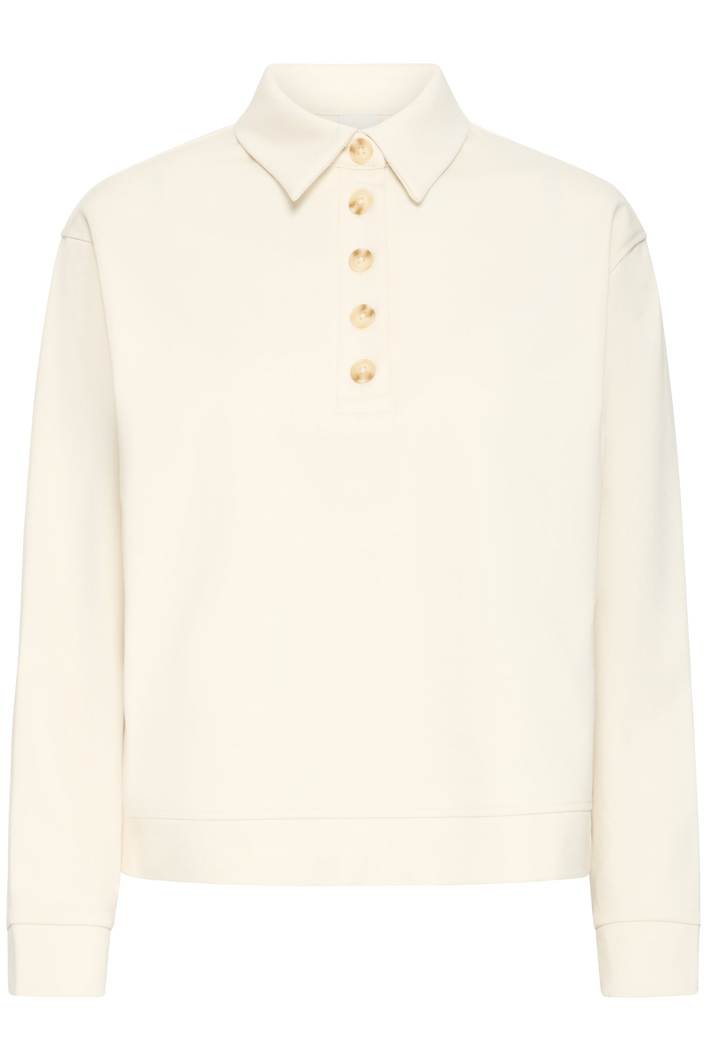 Cream-colored shirt with a collar and buttons on a white background