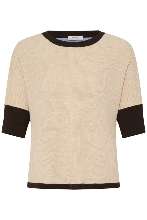 A beige ribbed knit short-sleeve sweater with contrasting dark brown trim at the crew neck, sleeve cuffs, and hem, shown on a plain white background.