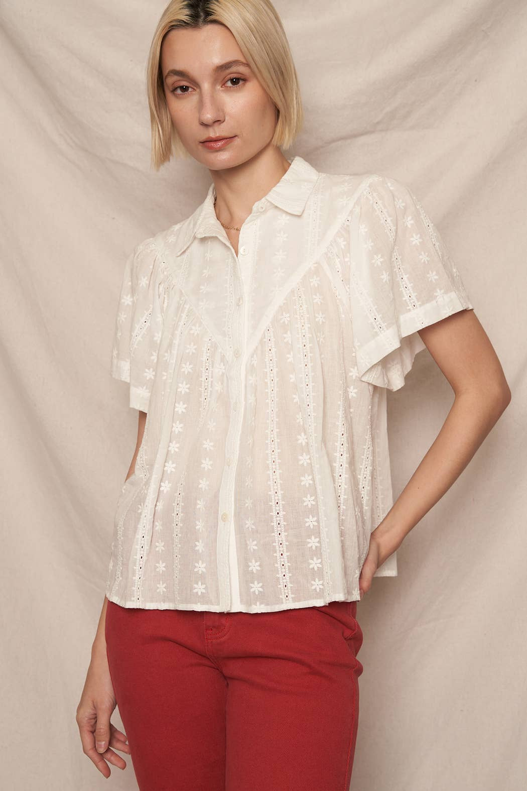 Short Sleeve Lace Button Down Shirt