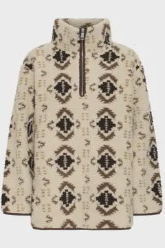 Beige fleece pullover with black geometric pattern on a white background