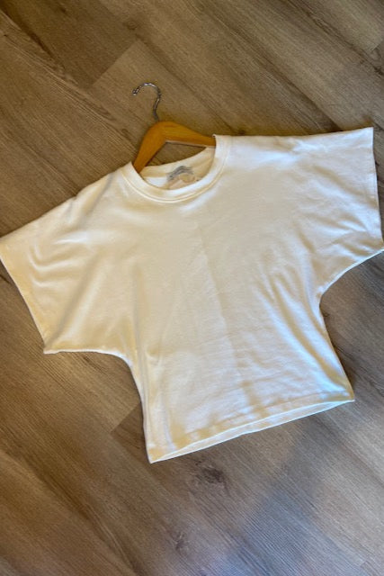 White t-shirt on a wooden floor with a hanger