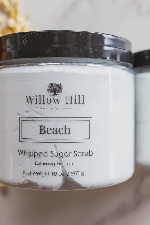 Two jars of Willow Hill Beach Whipped Sugar Scrub on a neutral background