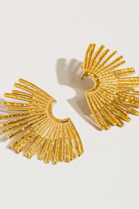 A pair of 18K gold gold-plated stainless steel sunburst earrings on a white background.