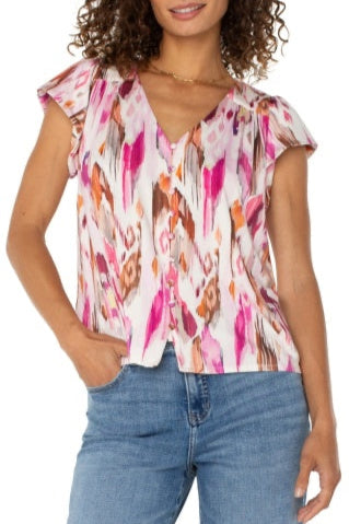 Flutter Sleeve Button-Front Knit Top