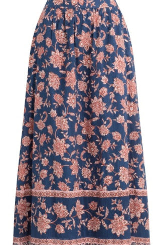 A navy blue midi skirt with a pink floral pattern and a decorative border, shown against a plain white background.