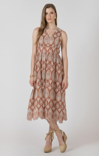 V-Neck Eyelet Midi Dress