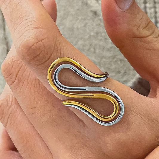 two tone silver and gold wavy ring with adjustable band