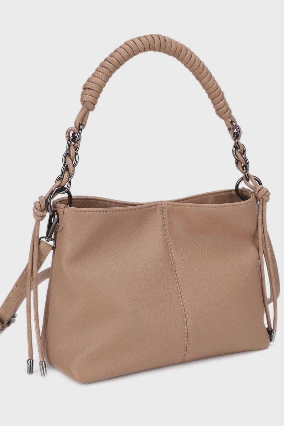 Beige handbag with braided handle on a white background
