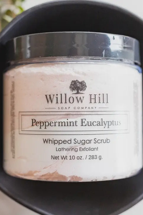 Willow Hill Soap Company peppermint eucalyptus whipped sugar scrub in a black container.