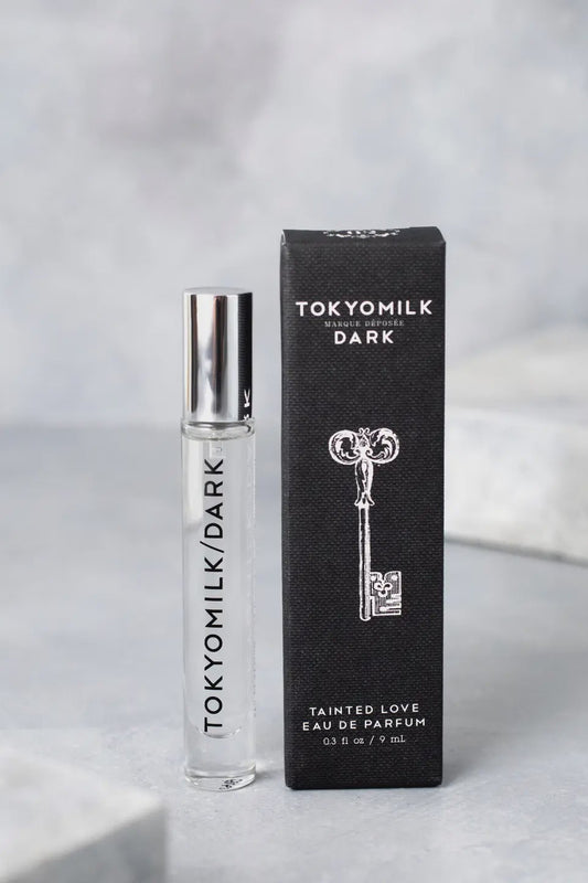 TOKYOMILK Dark perfume bottle and packaging on a light gray background