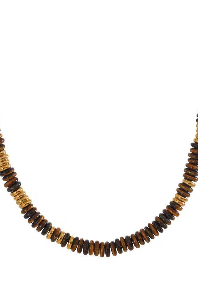 Necklace with brown and gold beads on a white background