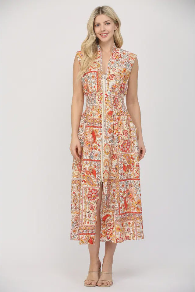 V-Neck Zip-Up Midi Dress