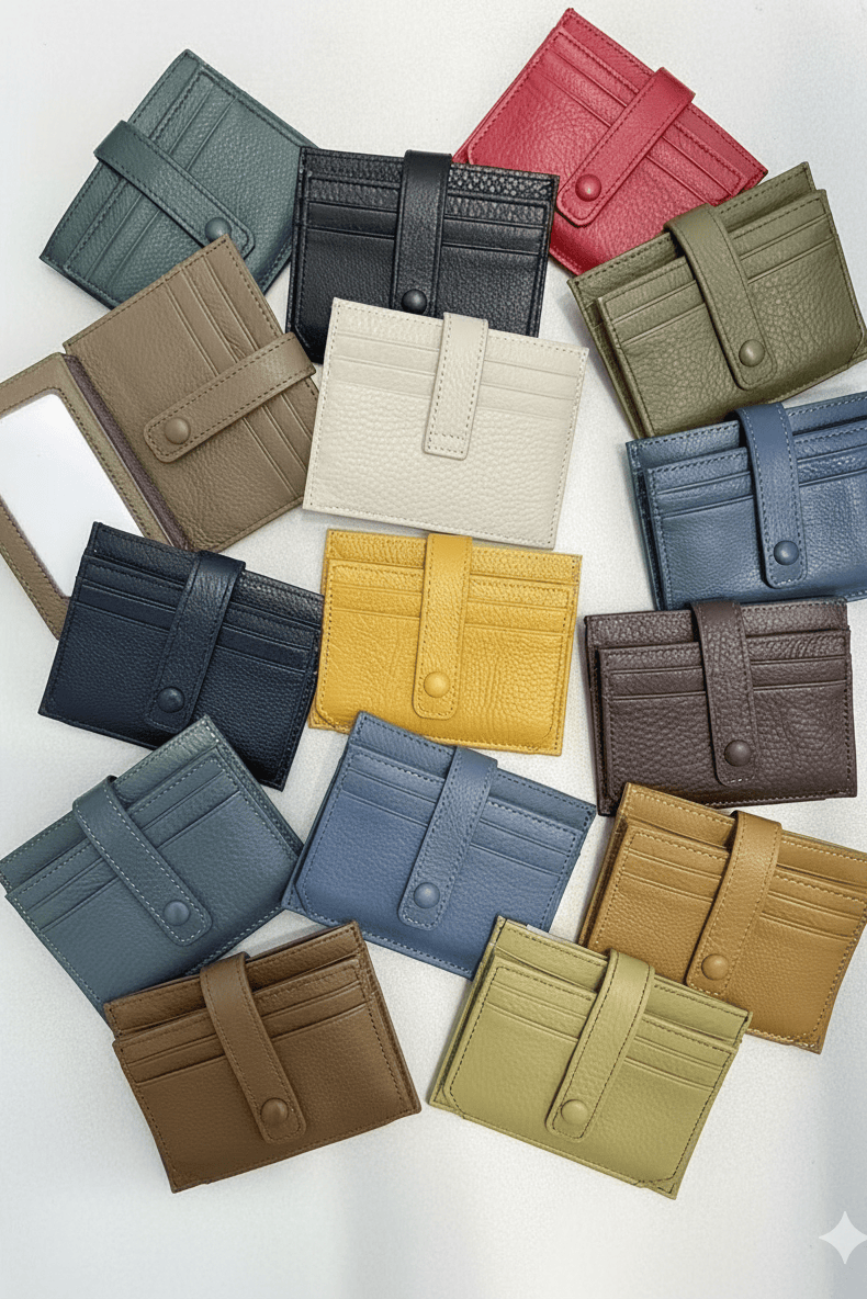 A collection of small bifold cardholder wallets in various colors, including green, red, black, beige, white, yellow, blue, brown, and tan, arranged in a flat-lay pattern on a white background.