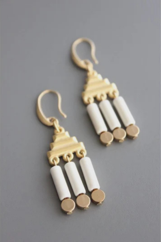 Geometric White Stone & Brass Earrings