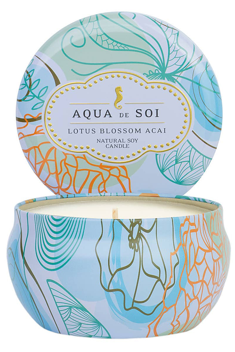 Aqua de Soi candle with decorative lid on a white background