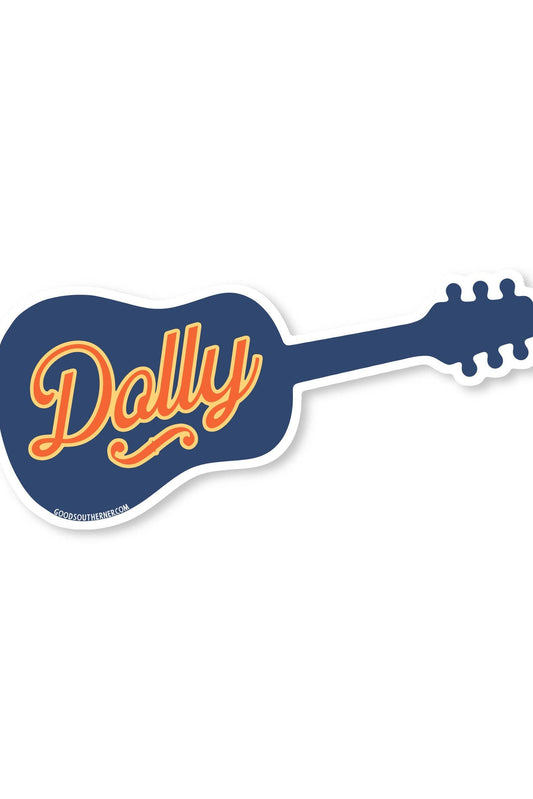 A die-cut sticker shaped like a guitar, featuring the word 'Dolly' in orange cursive script on a dark blue body, with a white outline and drop shadow, shown on a plain white background.