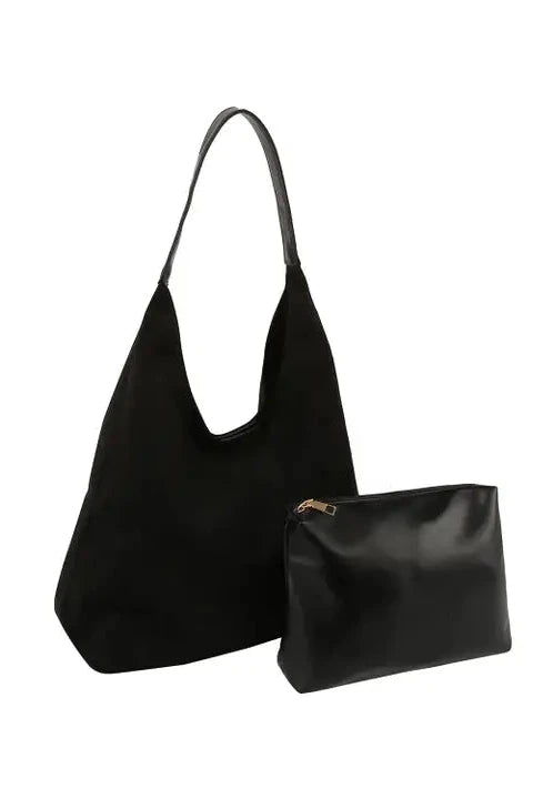 Black handbag and matching pouch on a white background
