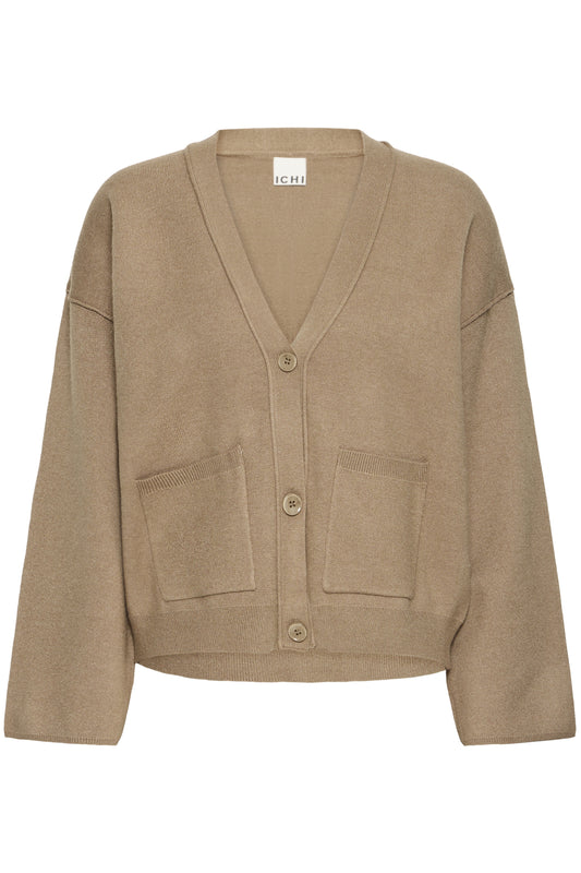 Beige cardigan with button details on a white background