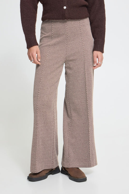 Person wearing brown checkered pants and a brown sweater on a white background