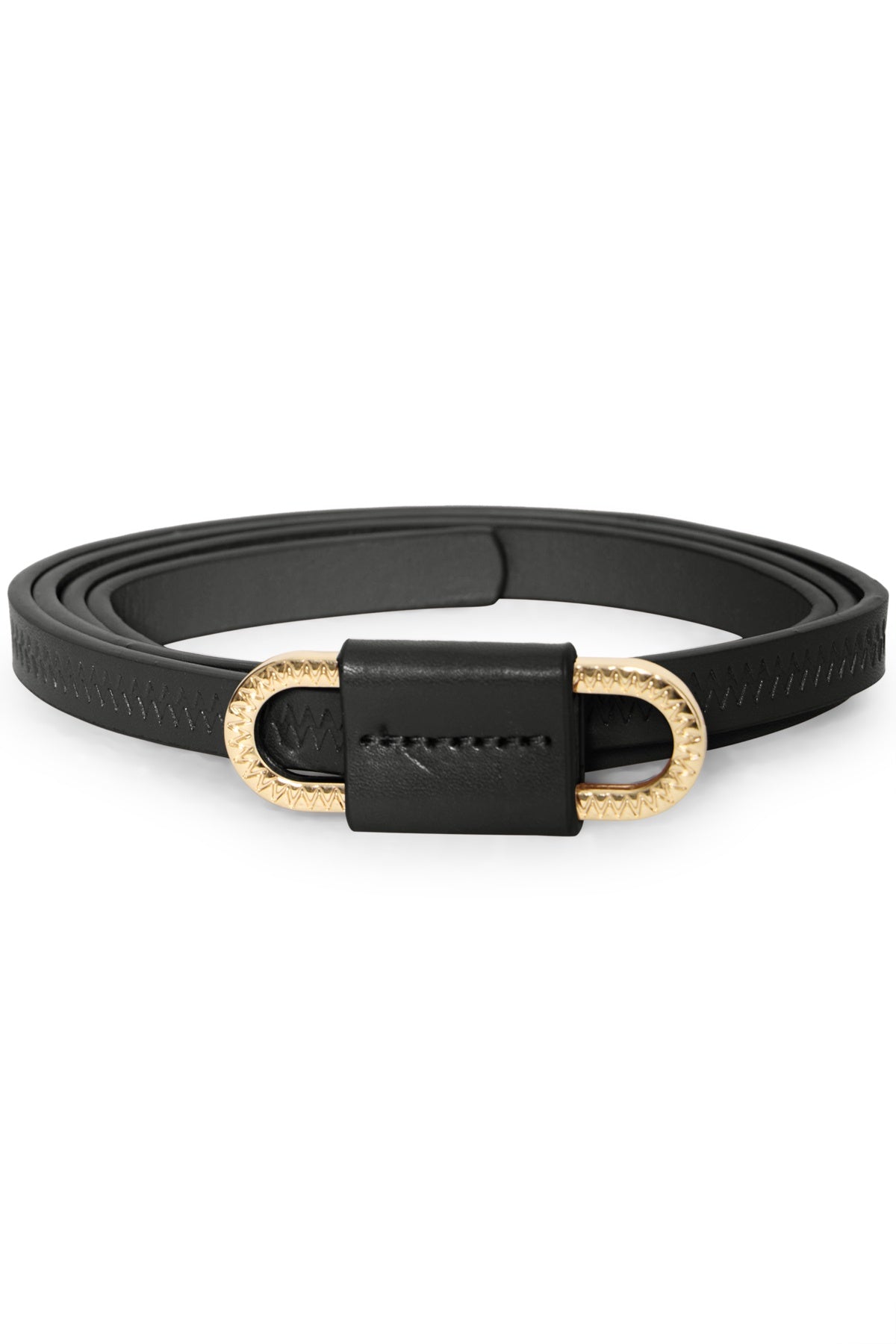 Black belt with a gold buckle on a white background