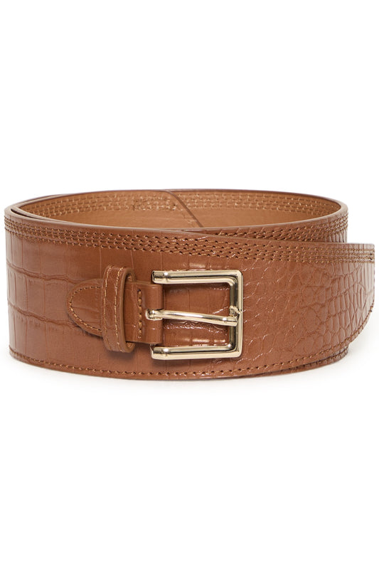 Brown leather belt with a gold buckle on a white background