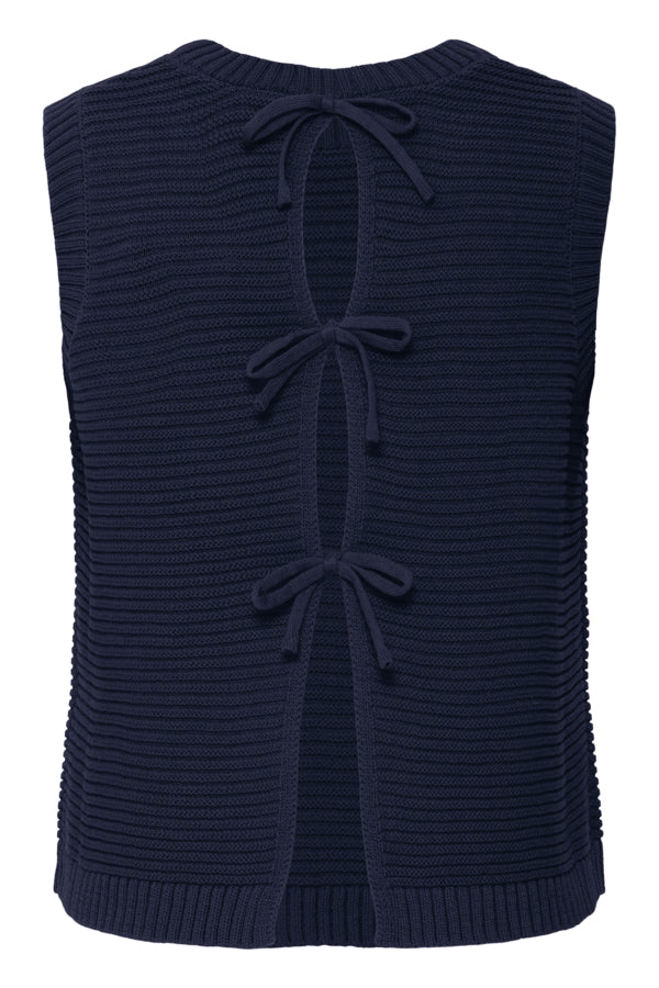 Navy blue ribbed knit vest with tied front on a white background
