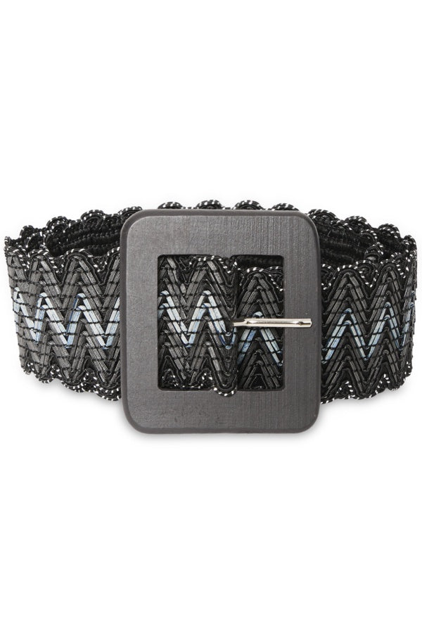 Black beaded belt with a square buckle on a white background