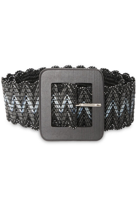 Black beaded belt with a square buckle on a white background
