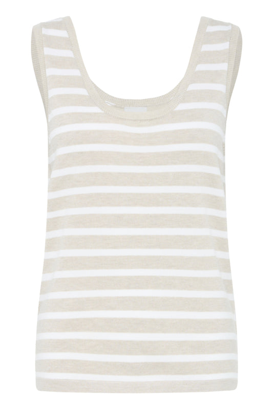 Beige and white striped tank top on a white background