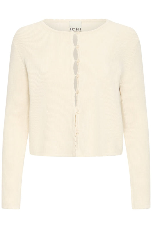 An off-white ribbed knit cardigan sweater with a button-up front, featuring a crew neck and long sleeves, shown against a plain white background.