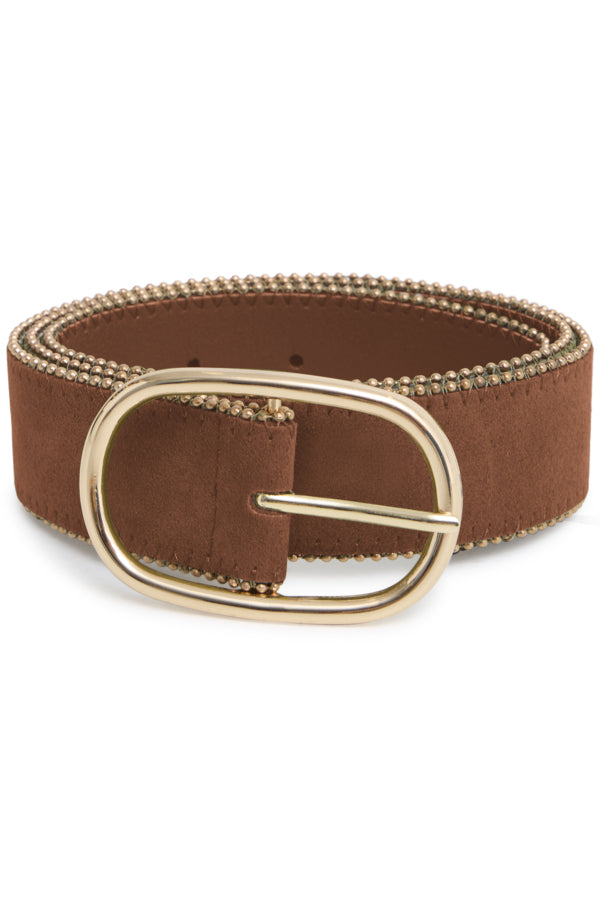 A brown suede belt with a gold-tone oval buckle and a decorative gold beaded edge, shown on a plain white background.