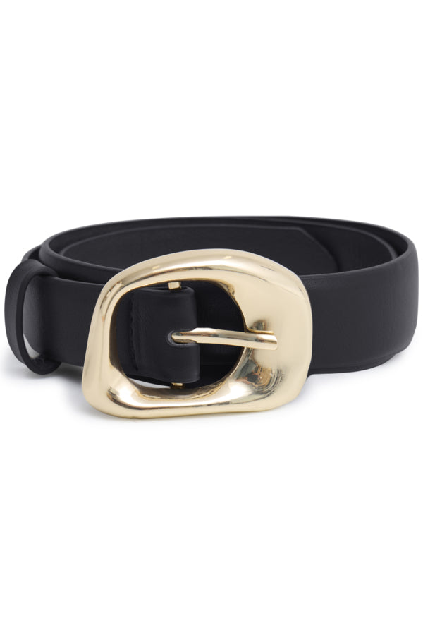 A black leather belt with a large, polished gold-tone metal buckle, shown coiled on a plain white background.