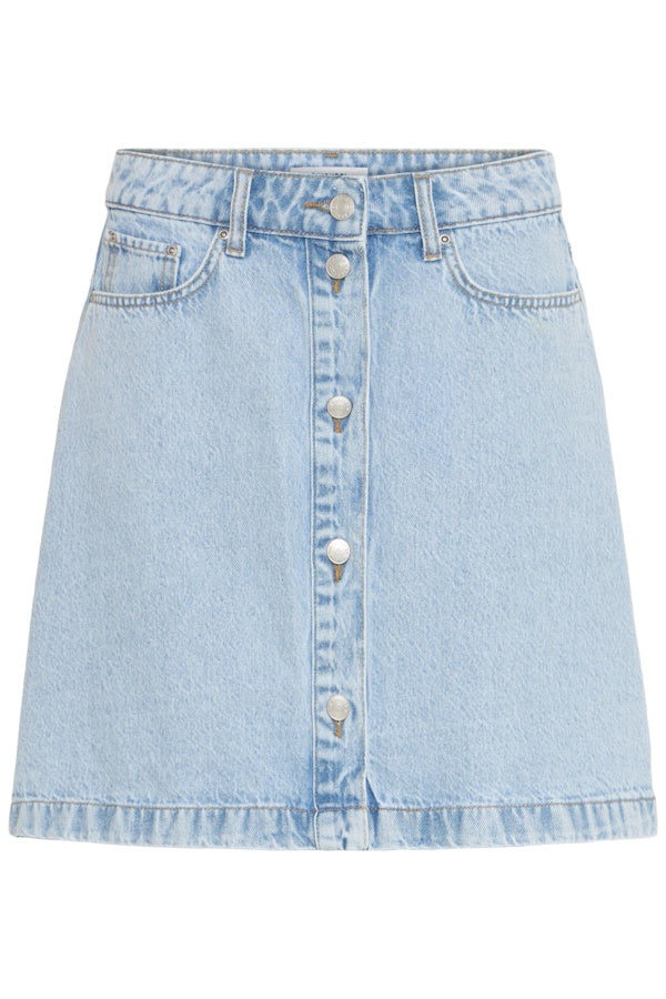 Light blue denim skirt with button details on a white background