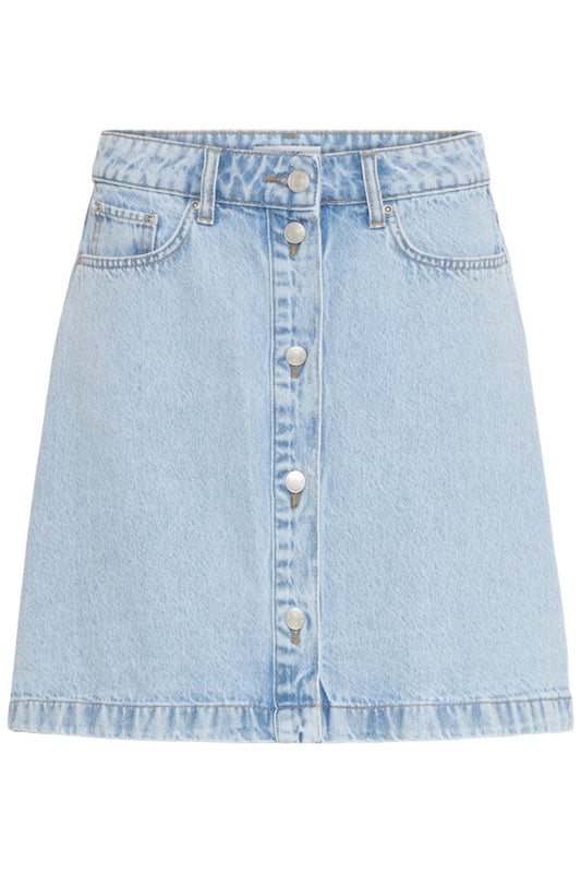 Light blue denim skirt with button details on a white background