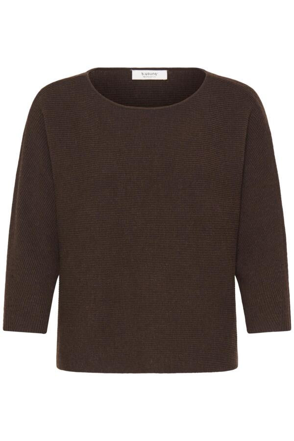 A dark brown ribbed knit sweater with three-quarter sleeves and a wide crew neckline, shown against a plain white background.