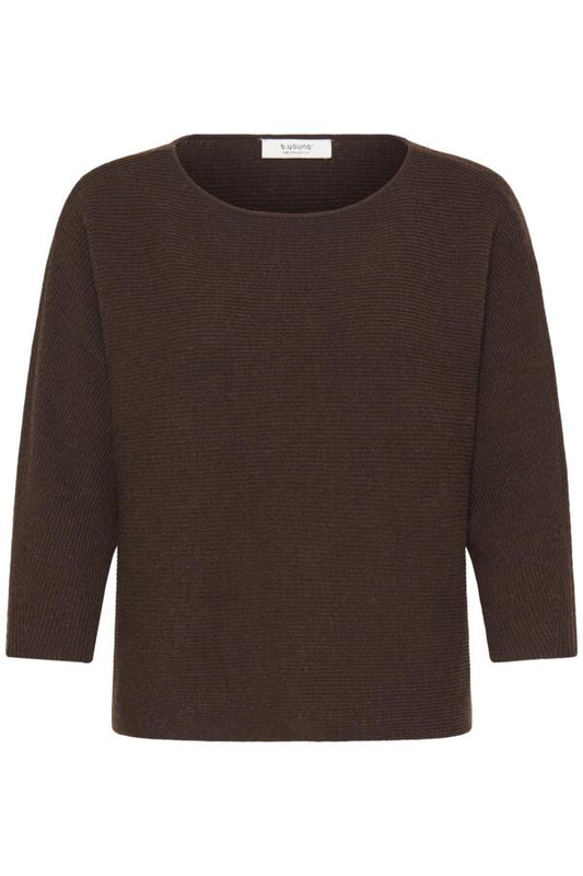 A dark brown ribbed knit sweater with three-quarter sleeves and a wide crew neckline, shown against a plain white background.