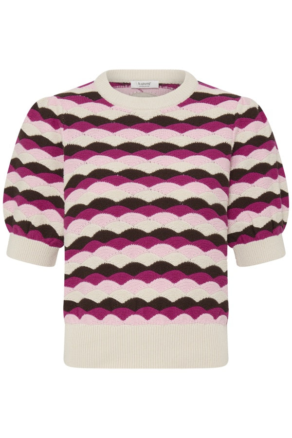 A short-sleeve knit sweater with horizontal wavy stripes in cream, magenta, and dark brown, featuring a cream ribbed crew neck, cuffs, and hem.