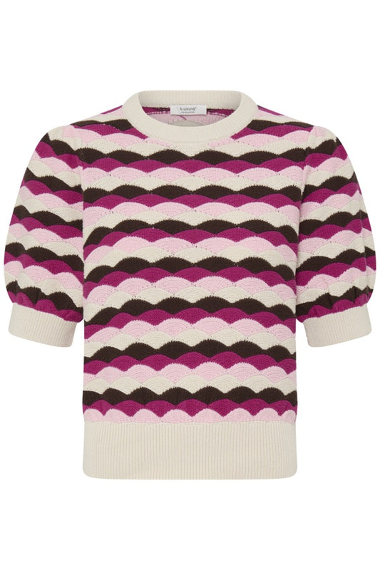 A short-sleeve knit sweater with horizontal wavy stripes in cream, magenta, and dark brown, featuring a cream ribbed crew neck, cuffs, and hem.