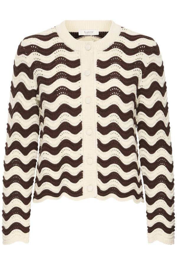 A cropped, long-sleeve knit cardigan featuring a wavy, scalloped openwork pattern in dark brown and cream.