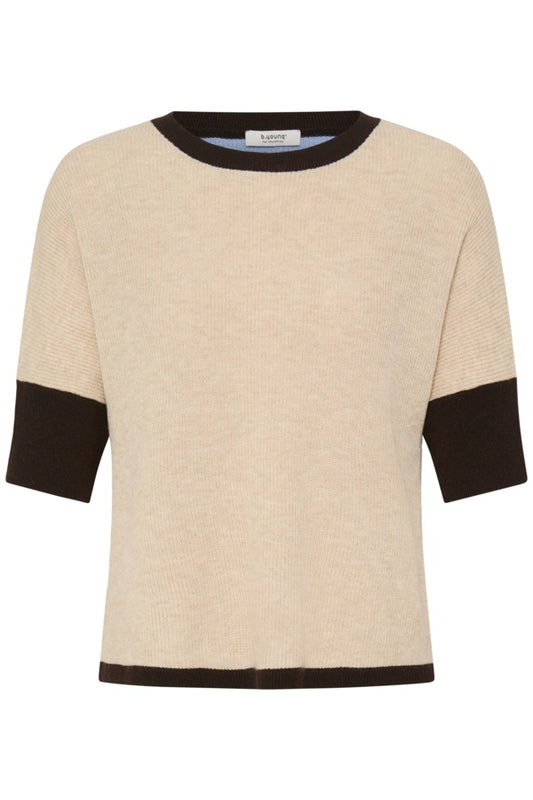 A beige ribbed knit short-sleeve sweater with contrasting dark brown trim at the crew neck, sleeve cuffs, and hem, shown on a plain white background.