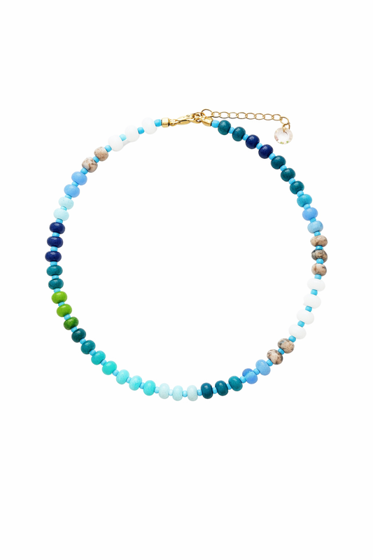 Multicolored beaded necklace on a white background