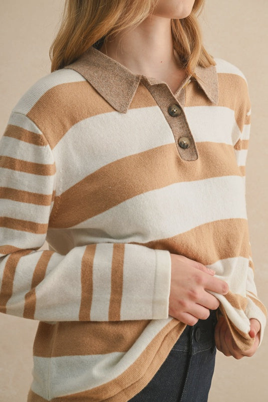 Person wearing a brown and white striped shirt with a textured collar against a beige background