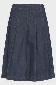 Dark blue denim skirt on a light gray background