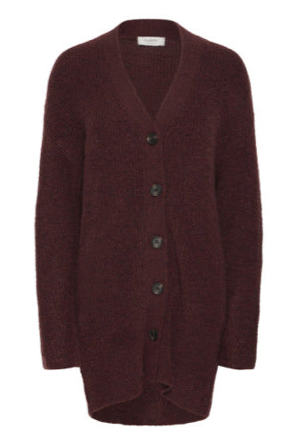 Maroon cardigan with buttons on a white background