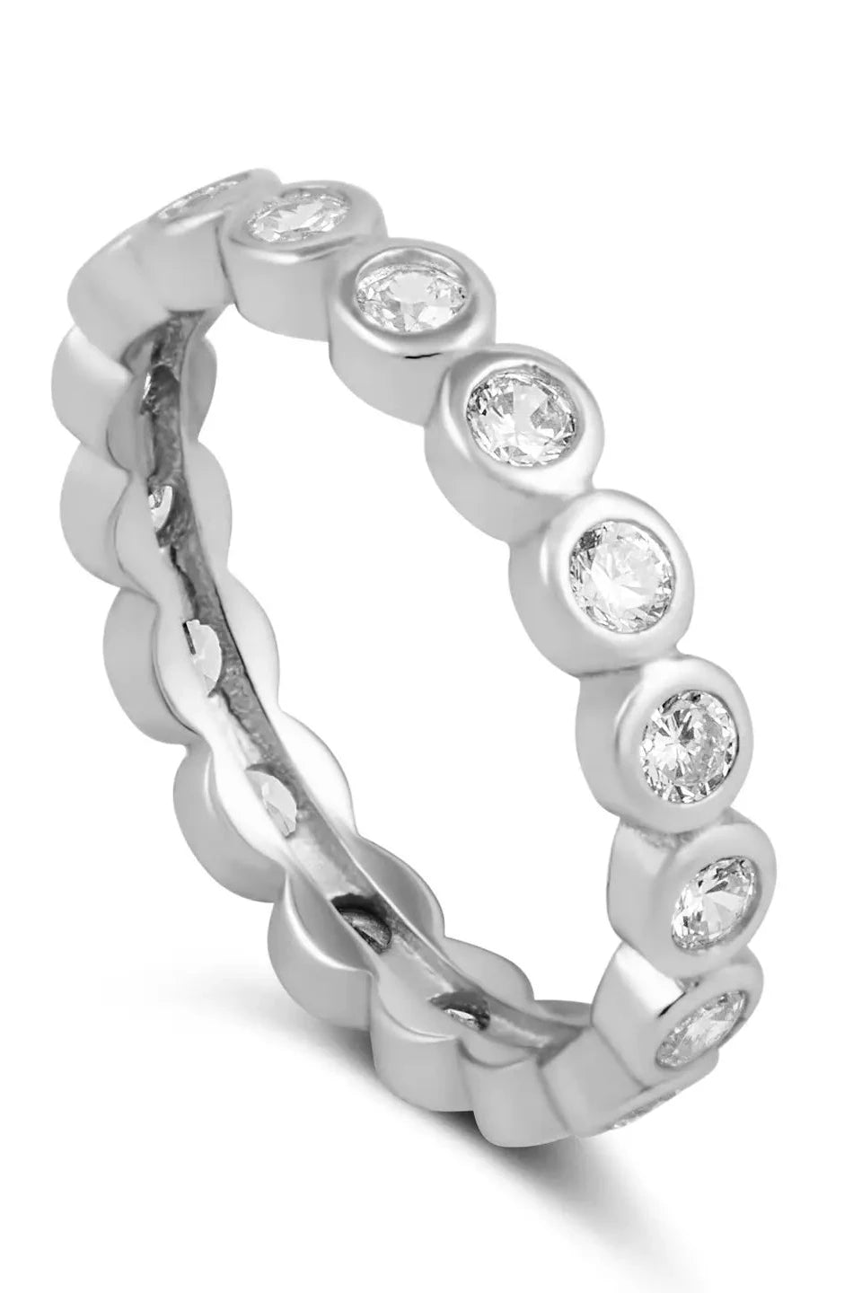 Silver ring with embedded diamonds on a white background