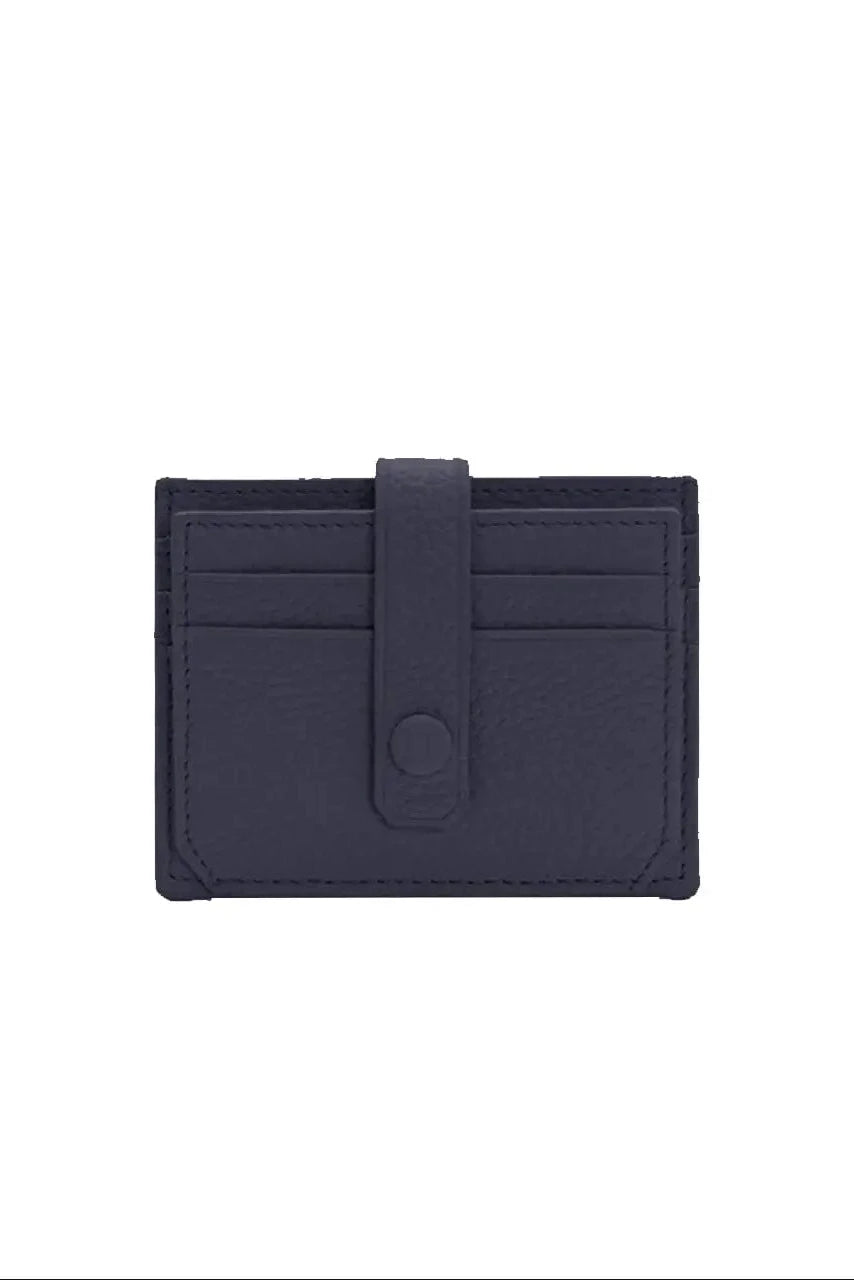 A dark navy blue leather card holder wallet with a vertical strap and snap button closure, shown against a plain white background.