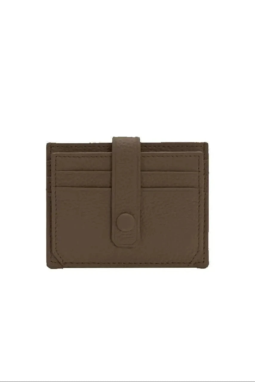 A small brown leather card holder wallet with a vertical strap and snap button closure, shown flat against a plain white background.